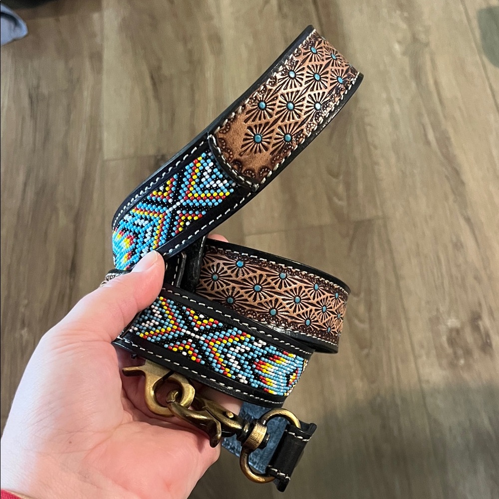 Beaded Aztec Pattern Leather Purse Strap